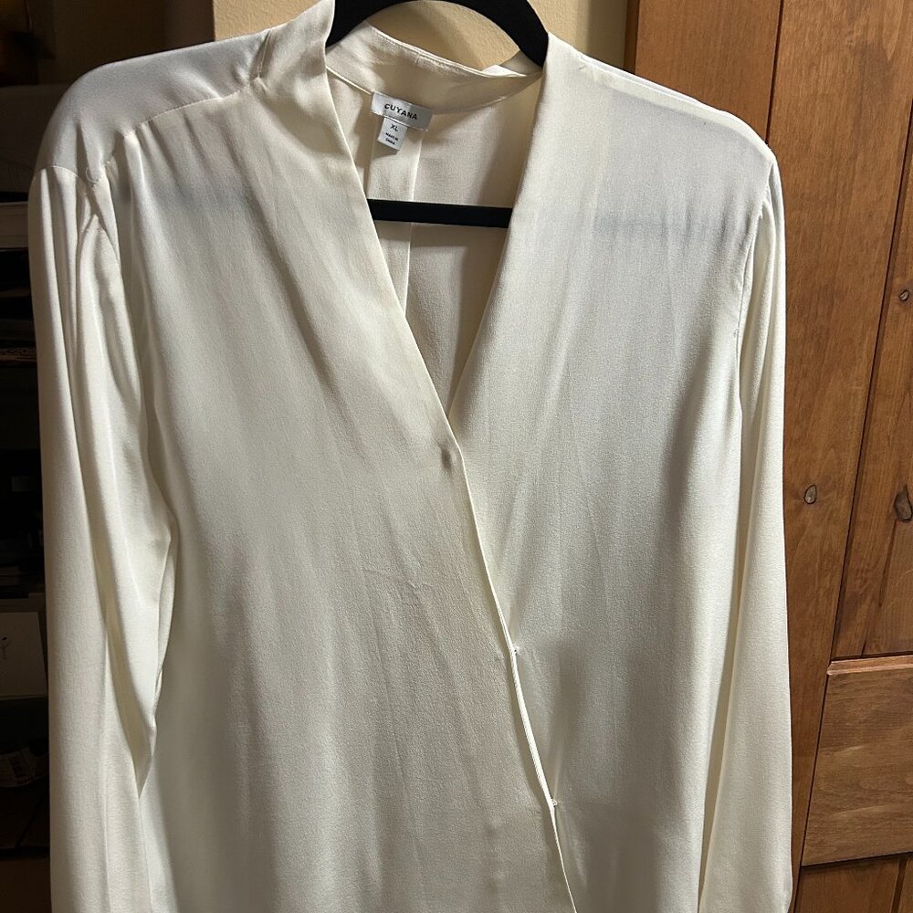 Vintage Cuyana 100% Silk Faux Wrap Blouse XL Winter White Office Quiet Luxury